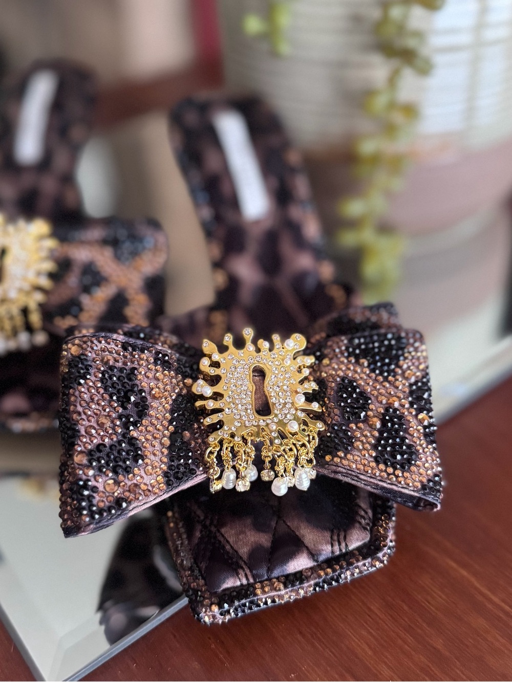 Gianni Bini Leopard Print Crystal-Embellished Slingback Heels in Black and Gold - Picture 2 of 6